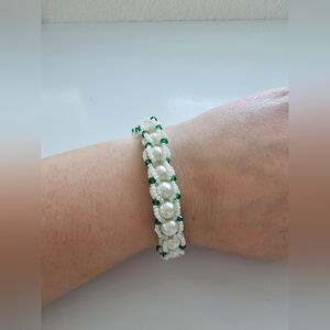 Pearl and Green Woven Bead Bracelet With Easy Magnetic Closure